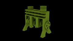 a frame pulled from the 3D Studio Max animation of the Engine Model in action. it is a simplified matte green in-line 3 cylinder engine mechanism, with supporting legs and cutouts in its block to allow viewing of the cylinders