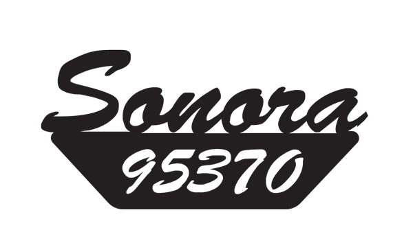 unhovered: a rasterized vector graphic of a sign in a mid-century style reminiscent of National Forest signs which says sonora in a handwritten font, with 95370 written in the same font as negative space within a trapezoidal block underneath. hovered:the sign photographed, cut out of mild steel sheet metal, slight spots rust, against background white siding.