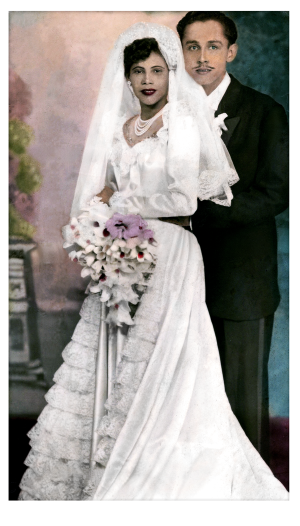 This showcases a vintage wedding photograph. Before and after of repairs on this photograph can be seen.
