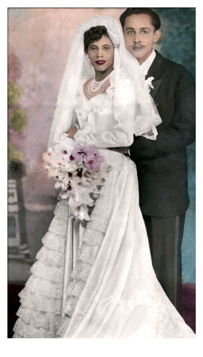This is a rollover image showcasing a wedding photo before and after I fixed it using Photoshop