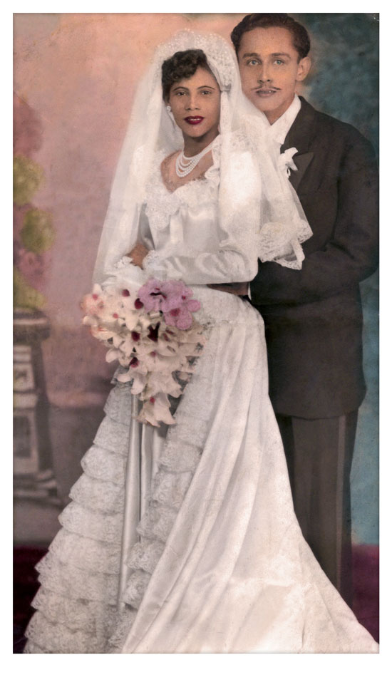 This is a before and after of an old wedding photo that has been restored.