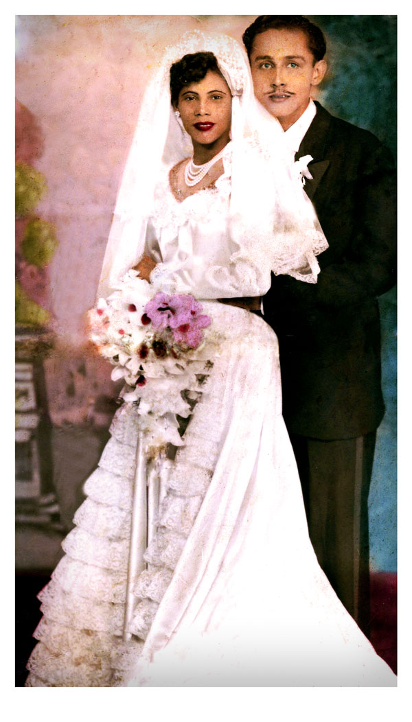 this showcases a vintage wedding photograph showing the before and after restoration