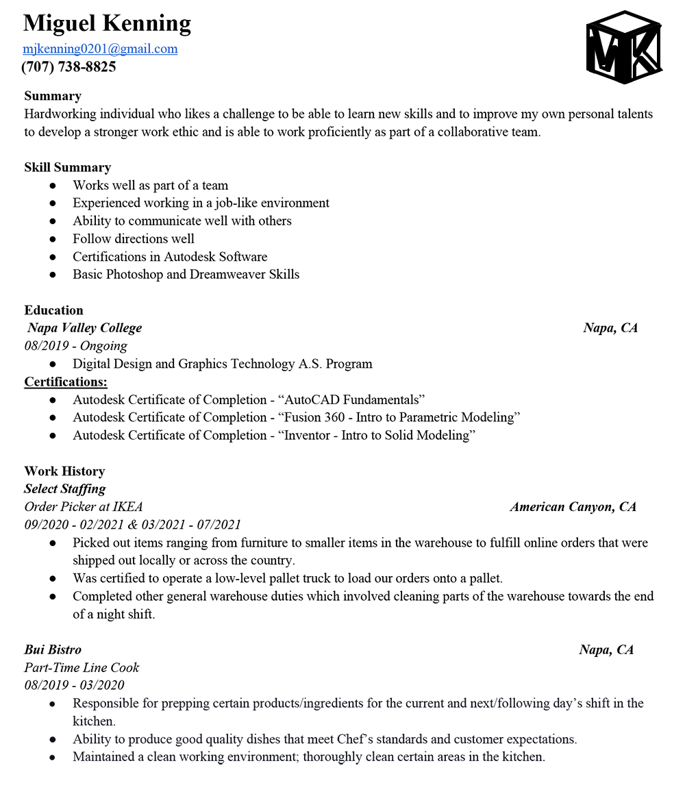 Full image of one page resume