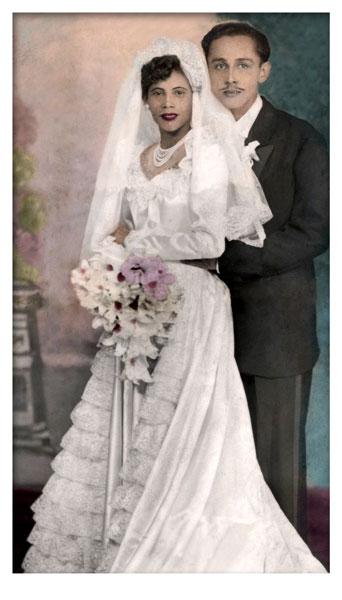 This is a before and after image of a damaged wedding photo I repair in Photoshop.