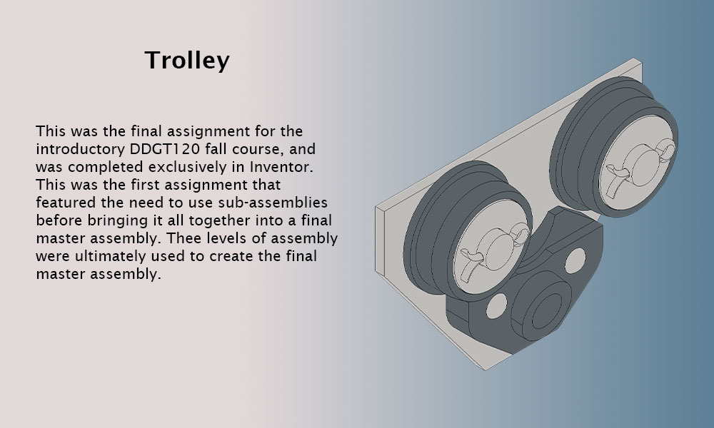 This image features a page title, Trolley, and a project description. The text is as follows: This was the final assignment for the introductory DDGT120 fall course, and was completed exclusively in Inventor. This was the first assignment that featured the need to use sub-assemblies before bringing it all together into a final master assembly. Thee levels of assembly were ultimately used to create the final master assembly.