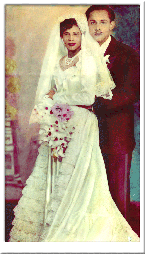 This showcases a vintage wedding photograph showing the before and after the repairs were made in photoshop